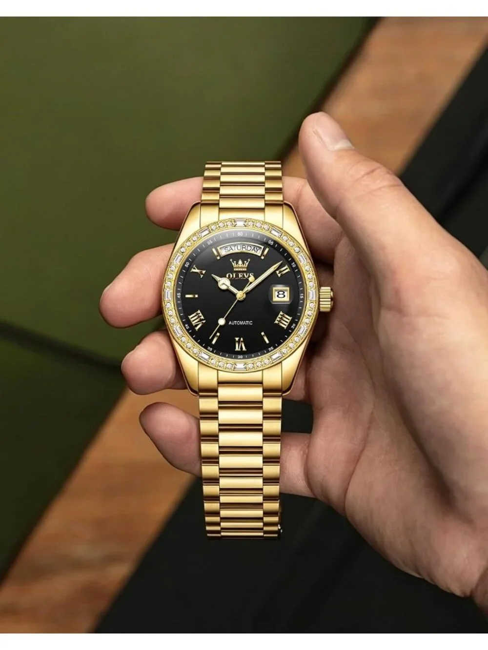Men's Gold band & Black dial Leather Strap Classic Adjustable Dress Wrist Watch